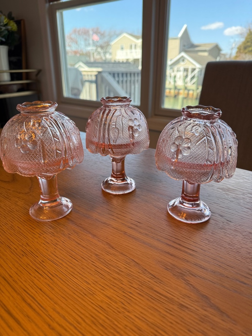 Vintage Pink Pressed Glass Pedestal Fairy Lamps